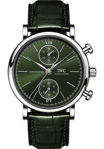 IWC Portofino Chronograph 39 Watch - Stainless Steel Case - Green Dial - Green Alligator Leather Strap