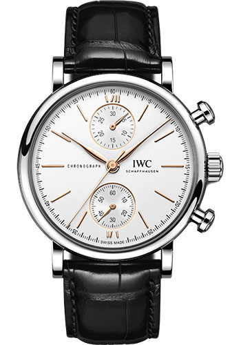 IWC Portofino Chronograph 39 Watch - Stainless Steel Case - Silver-Plated Dial - Black Alligator Leather Strap