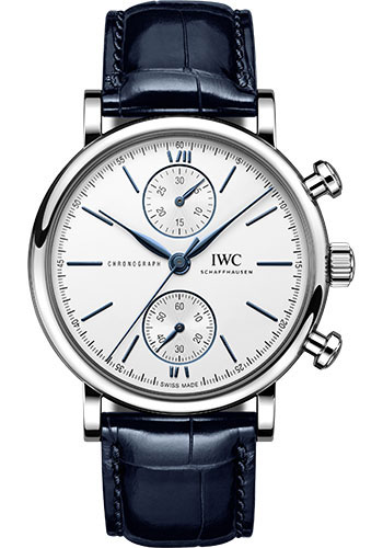 IWC Portofino Chronograph 39 Watch - Stainless Steel Case - Silver-Plated Dial - Blue Alligator Leather Strap