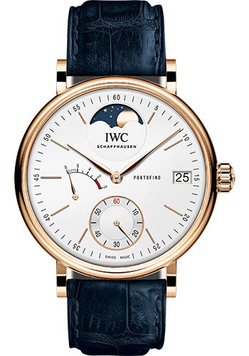 IWC Portofino Hand-Wound Moon Phase - 18K 5N Gold Case - Silver-Plated Dial - Blue Alligator Leather Strap