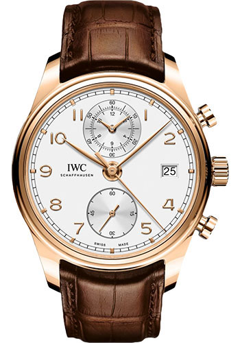 IWC Portugieser Chronograph Classic Watch - 42 mm Red Gold Case - Silver Dial - Brown Alligator Strap