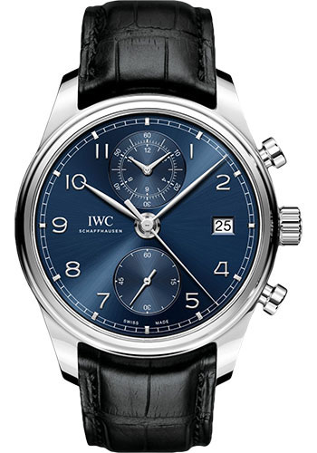 IWC Portugieser Chronograph Classic Watch - 42 mm Stainless Steel Case - Blue Dial - Black Alligator Strap