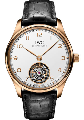 IWC Portugieser Hand-Wound Tourbillon Watch - 18K Armor Gold® Case - Silver-Plated Dial - Black Alligator Leather Strap