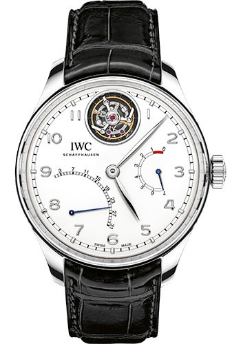 IWC Portugieser Tourbillon Mystère Rétrograde Watch - 44.2 mm Platinum Case - Silver Dial - Black Alligator Strap