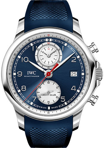IWC Portugieser Yacht Club Chronograph Watch - 43.5 mm Stainless Steel Case - Blue Dial - Blue Rubber Strap