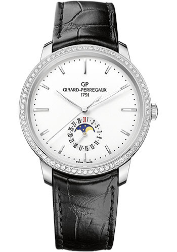 Girard-Perregaux 1966 Date and Moon Phases Watch - Diamond Bezel - Silver Opaline Dial - Black Alligator Strap