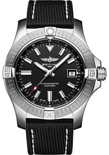 Breitling Avenger Automatic 43 Watch - Stainless Steel - Black Dial - Anthracite Calfskin Leather Strap - Folding Buckle