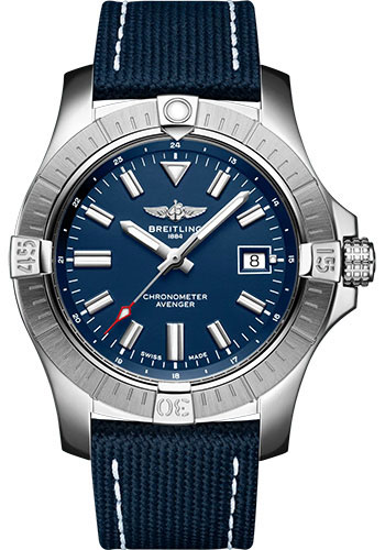 Breitling Avenger Automatic 43 Watch - Stainless Steel - Blue Dial - Blue Calfskin Leather Strap - Folding Buckle