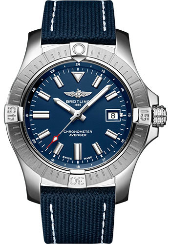 Breitling Avenger Automatic 43 Watch - Stainless Steel - Blue Dial - Blue Calfskin Leather Strap - Tang Buckle