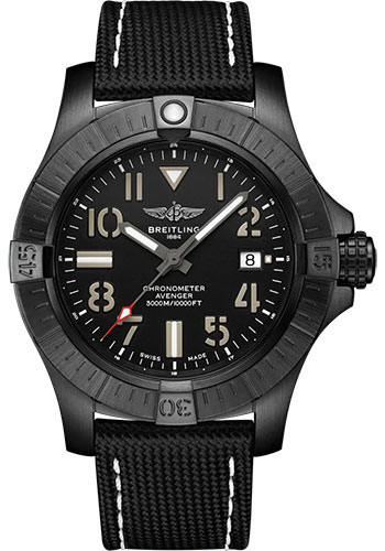 Breitling Avenger Automatic 45 Seawolf Night Mission Watch - DLC-Coated Titanium - Black Dial - Anthracite Calfskin Leather Strap - Folding Buckle