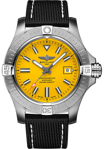 Breitling Avenger Automatic 45 Seawolf Watch - Stainless Steel - Yellow Dial - Anthracite Calfskin Leather Strap - Folding Buckle