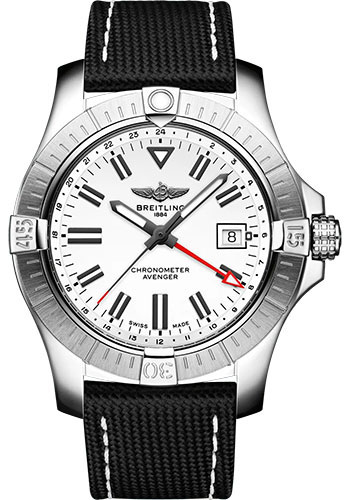 Breitling Avenger Automatic GMT 43 Watch - Stainless Steel - White Dial - Anthracite Calfskin Leather Strap - Folding Buckle