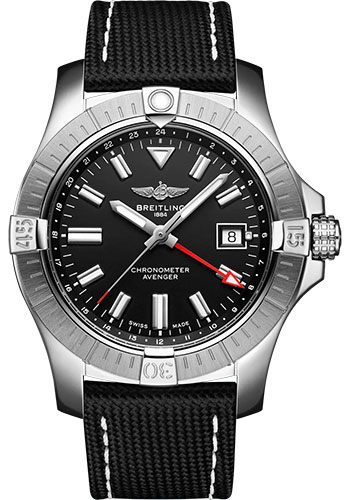 Breitling Avenger Automatic GMT 43 Watch - Stainless Steel - Black Dial - Anthracite Calfskin Leather Strap - Folding Buckle