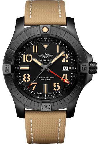 Breitling Avenger Automatic GMT 45 Night Mission Watch - DLC-Coated Titanium - Black Dial - Sand Calfskin Leather Strap - Folding Buckle