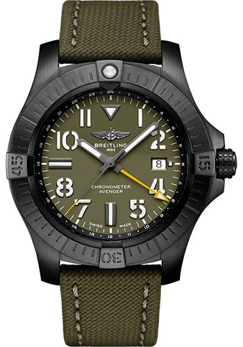 Breitling Avenger Automatic GMT 45 Night Mission Limited Edition Watch - DLC-Coated Titanium - Green Dial - Khaki Green Calfskin Leather Strap - Folding Buckle Limited Edition of 2000