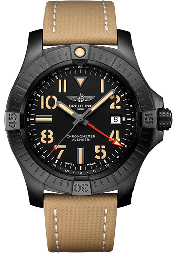 Breitling Avenger Automatic GMT 45 Night Mission Watch - DLC-Coated Titanium - Black Dial - Sand Calfskin Leather Strap - Tang Buckle