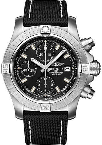 Breitling Avenger Chronograph 43 Watch - Stainless Steel - Black Dial - Anthracite Calfskin Leather Strap - Folding Buckle