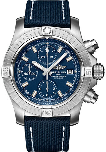 Breitling Avenger Chronograph 43 Watch - Stainless Steel - Blue Dial - Blue Calfskin Leather Strap - Folding Buckle