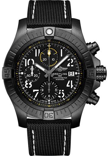 Breitling Avenger Chronograph 45 Night Mission Watch - DLC-Coated Titanium - Black Dial - Anthracite Calfskin Leather Strap - Folding Buckle
