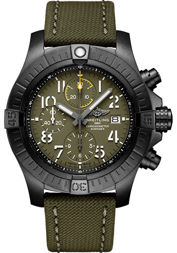 Breitling Avenger Chronograph 45 Night Mission Watch - DLC-Coated Titanium - Green Dial - Khaki Green Calfskin Leather Strap - Folding Buckle