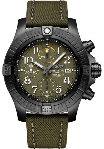 Breitling Avenger Chronograph 45 Night Mission Watch - DLC-Coated Titanium - Green Dial - Khaki Green Calfskin Leather Strap - Tang Buckle