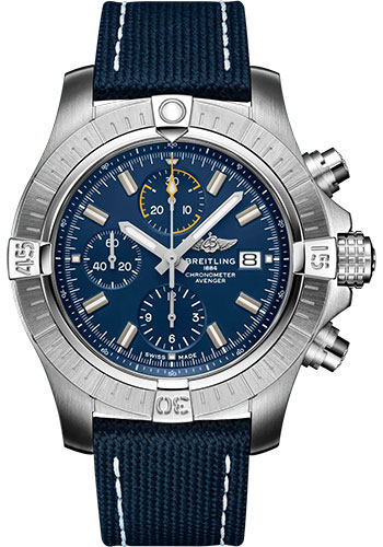 Breitling Avenger Chronograph 45 Watch - Stainless Steel - Blue Dial - Blue Calfskin Leather Strap - Folding Buckle