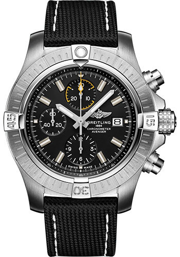 Breitling Avenger Chronograph 45 Watch - Stainless Steel - Black Dial - Anthracite Calfskin Leather Strap - Tang Buckle