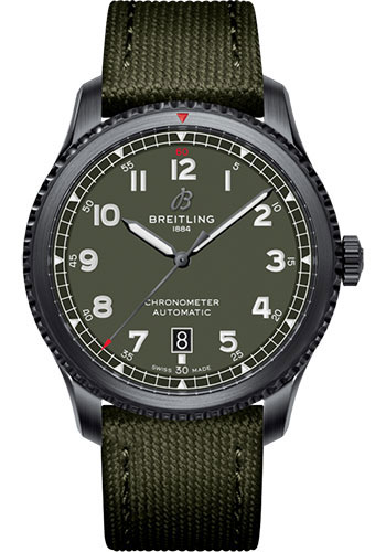 Breitling Aviator 8 Automatic 41 Black Steel Curtiss Warhawk Watch - Black steel - Green Dial - Green Kaki Leather Strap - Tang Buckle