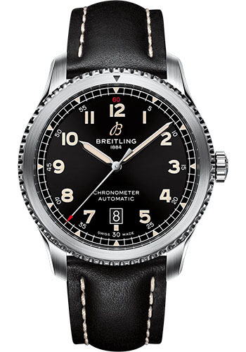Breitling Aviator 8 Automatic 41 Watch - Stainless Steel - Black Dial - Black Calfskin Leather Strap - Folding Buckle
