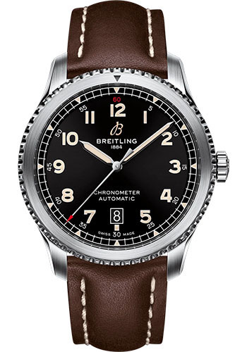 Breitling Aviator 8 Automatic 41 Watch - Stainless Steel - Black Dial - Brown Calfskin Leather Strap - Folding Buckle