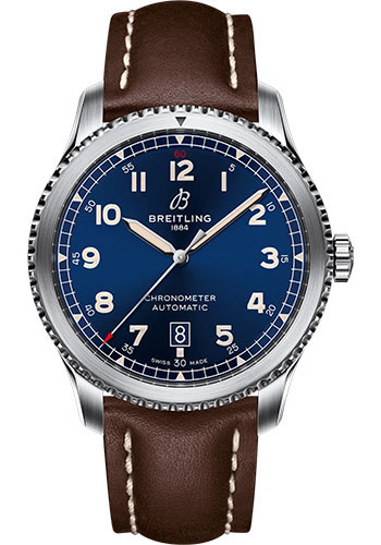 Breitling Aviator 8 Automatic 41 Watch - Stainless Steel - Blue Dial - Brown Calfskin Leather Strap - Folding Buckle