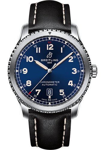 Breitling Aviator 8 Automatic 41 Watch - Stainless Steel - Blue Dial - Black Calfskin Leather Strap - Folding Buckle