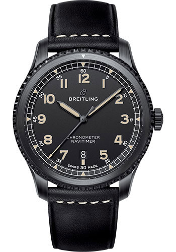 Breitling Aviator 8 Automatic 41 Watch - Black Steel Case - Black Dial - Black Leather Strap
