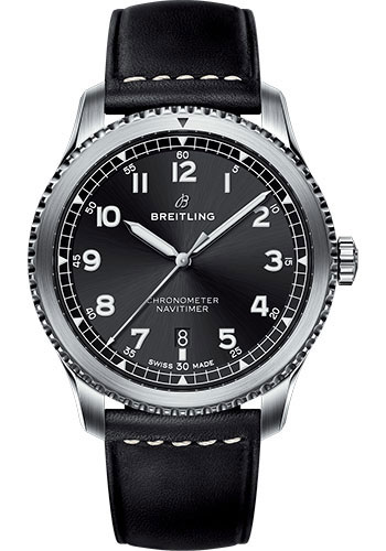 Breitling Aviator 8 Automatic 41 Watch - Steel Case - Black Dial - Black Leather Strap