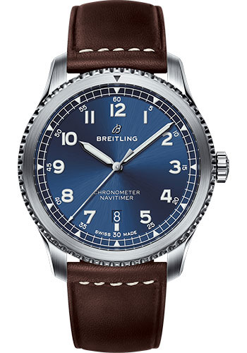 Breitling Aviator 8 Automatic 41 Watch - Steel Case - Blue Dial - Brown Leather Strap