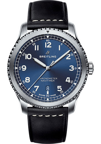 Breitling Aviator 8 Automatic 41 Watch - Steel Case - Blue Dial - Black Leather Strap