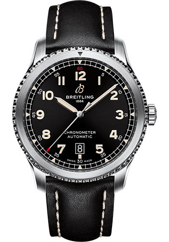 Breitling Aviator 8 Automatic 41 Watch - Stainless Steel - Black Dial - Black Calfskin Leather Strap - Tang Buckle
