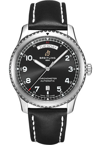 Breitling Aviator 8 Automatic Day & Date 41 Watch - Stainless Steel - Black Dial - Black Calfskin Leather Strap - Folding Buckle
