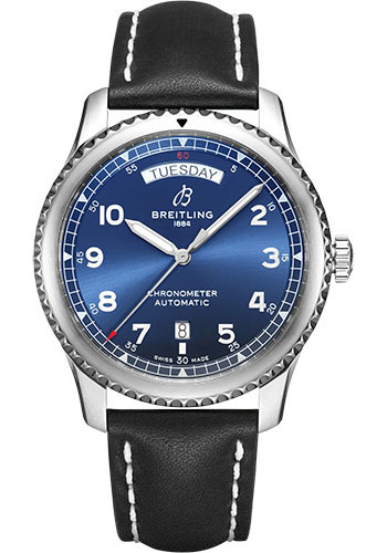 Breitling Aviator 8 Automatic Day & Date 41 Watch - Stainless Steel - Blue Dial - Black Calfskin Leather Strap - Folding Buckle