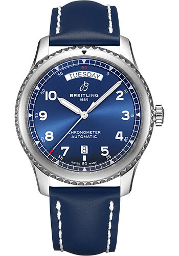 Breitling Aviator 8 Automatic Day & Date 41 Watch - Stainless Steel - Blue Dial - Blue Calfskin Leather Strap - Folding Buckle