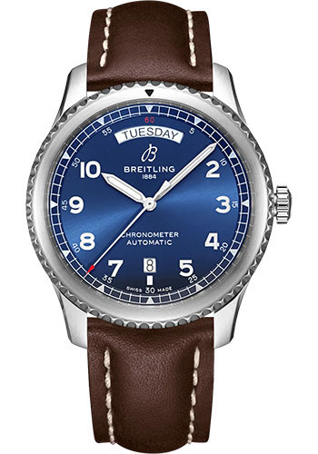 Breitling Aviator 8 Automatic Day & Date 41 Watch - Stainless Steel - Blue Dial - Brown Calfskin Leather Strap - Folding Buckle