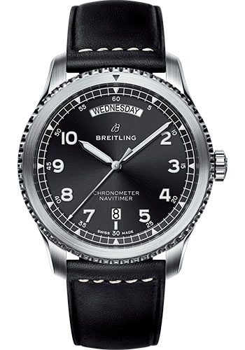 Breitling Aviator 8 Automatic Day & Date 41 Watch - Steel Case - Black Dial - Black Leather Strap