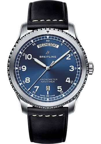 Breitling Aviator 8 Automatic Day & Date 41 Watch - Steel Case - Blue Dial - Black Leather Strap
