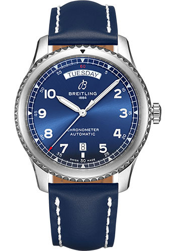 Breitling Aviator 8 Automatic Day & Date 41 Watch - Steel - Blue Dial - Blue Leather Strap - Tang Buckle