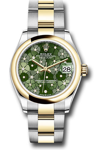 Rolex Yellow Rolesor Datejust 31 Watch - Domed Bezel - Olive Green Floral Motif Diamond 6 Dial - Oyster Bracelet