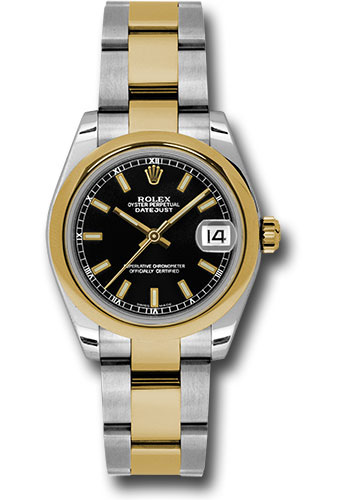 Rolex Steel and Yellow Gold Datejust 31 Watch - Domed Bezel - Black Index Dial - Oyster Bracelet