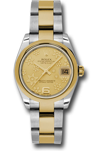 Rolex Steel and Yellow Gold Datejust 31 Watch - Domed Bezel - Champagne Floral Motif Dial - Oyster Bracelet