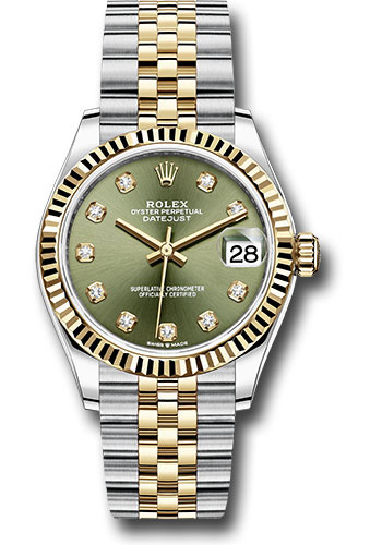 Rolex Steel and Yellow Gold Datejust 31 Watch - Fluted Bezel - Olive Green Diamond Dial - Jubilee Bracelet