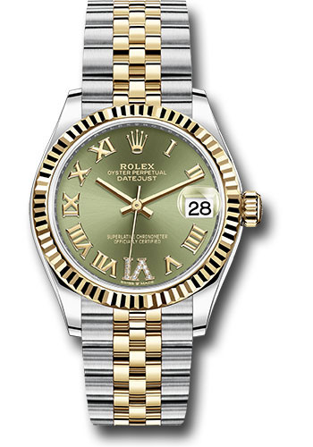 Rolex Steel and Yellow Gold Datejust 31 Watch - Fluted Bezel - Olive Green Diamond Roman Six Dial - Jubilee Bracelet