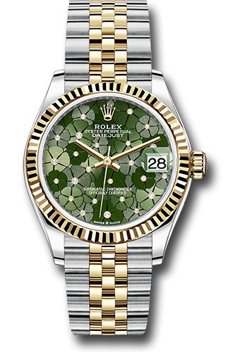 Rolex Yellow Rolesor Datejust 31 Watch - Fluted Bezel - Olive Green Floral Motif Diamond 6 Dial - Jubilee Bracelet